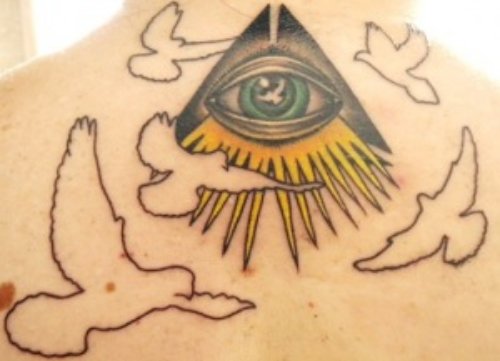 Outline Flying Birds And Illuminati Eye Tattoo On Back